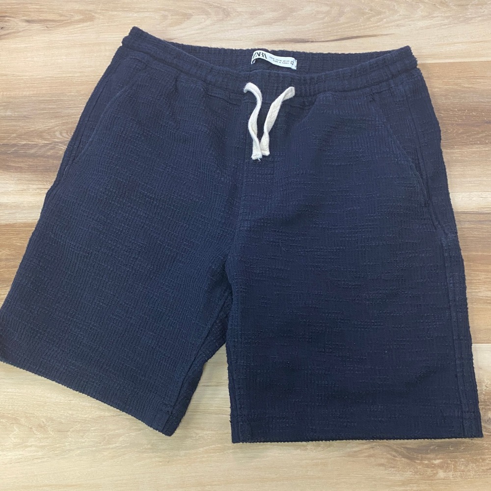 Zara Shorts Size M Textured Knit Drawstring Casual Navy Blue